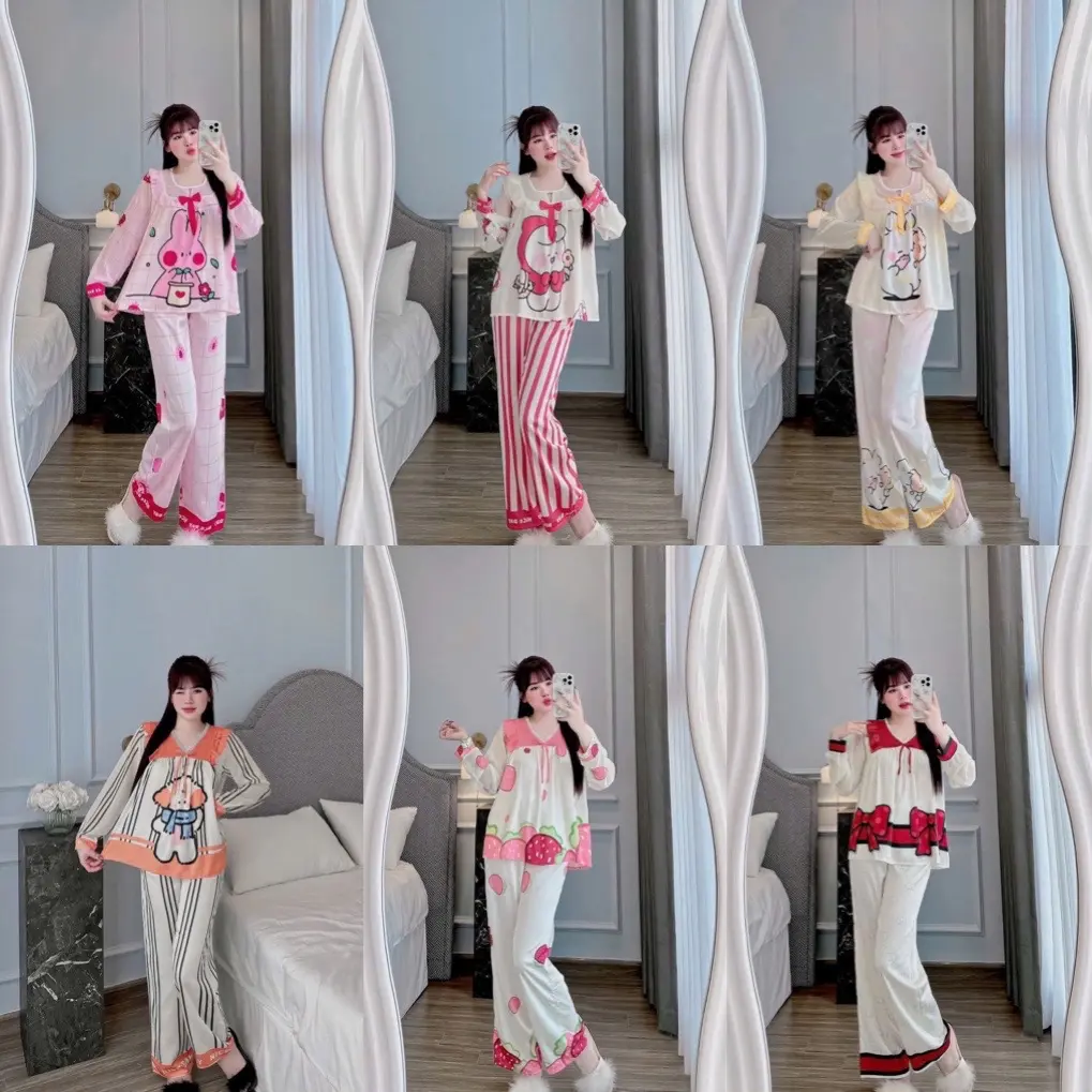 Đồ bộ pijama tay dài quần dài lụa latin tơ tầm 40 đến 60kg vừa đồ bộ mặc nhà tiểu thư Nữ Nữ Nhung Women Voi Kim Tuyến Kem Quần Ngủ Áo Ngủ setdomac  nhaxinh
