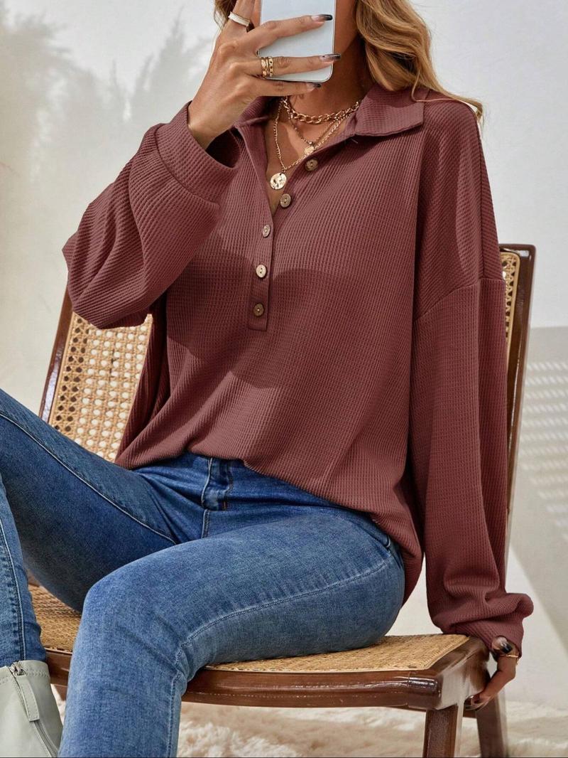 Product Introduction of Women's Plain Half Button Drop Shoulder Tee, Casual Long Sleeve Collared Top for Spring & Fall, Women's Clothing for Daily Wear 11