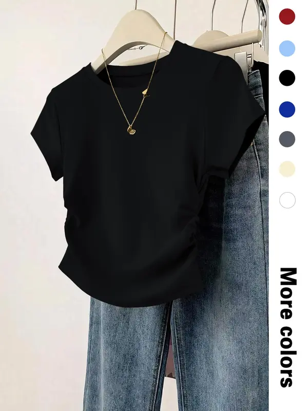 Women's Plain Curved Hem Ribbed Tee, Casual Short Sleeve Round Neck T-shirt for Daily Wear, Ladies Clothes for All Seasons, Top, Womenswear 2