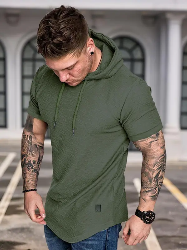 Men's Solid Drawstring Hooded Tee, Casual Regular Fit Short Sleeve T-Shirt for Summer, Menswear for Daily Wear, Tops, Pullover 0