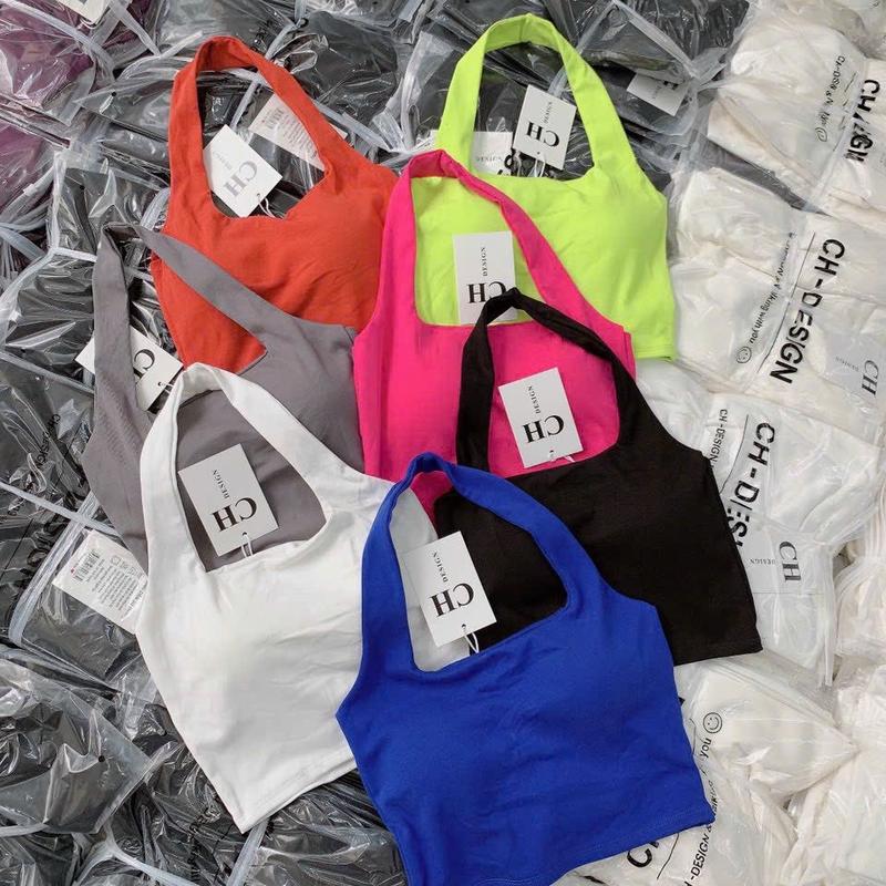 Áo yếm choàng cổ thun porip 2 lớp có mút đệm (CH) fom ngắn trên rún