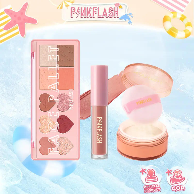 [Official] PINKFLASH 3pcs makeup set  4 IN 1 Multiple eyeshadoweyeshadow Matte lipstick Oil Controller Loose Powder 0