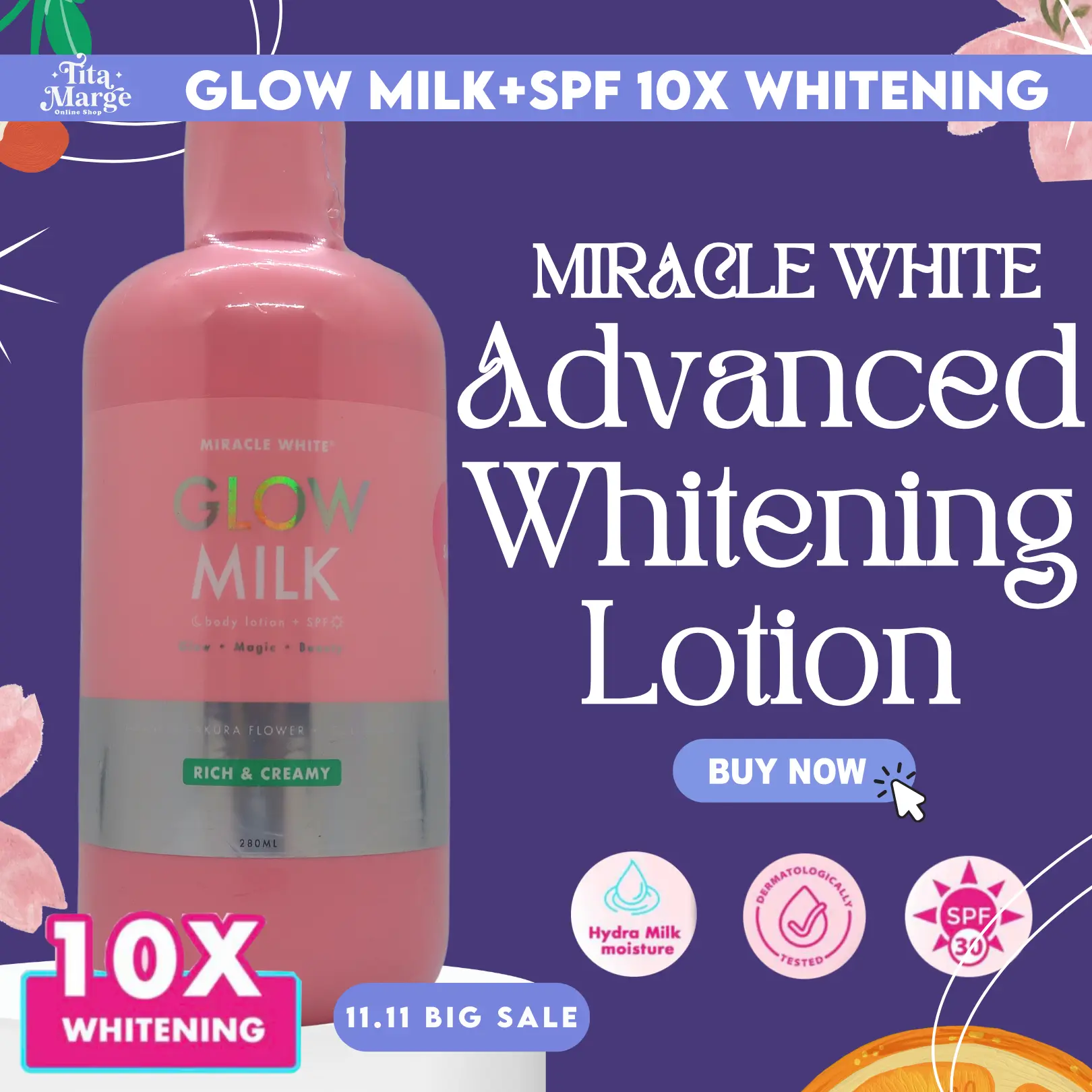 Miracle White Glow Milk Whitening Lotion with SPF 30 + Collagen Glutathione  Nourishing