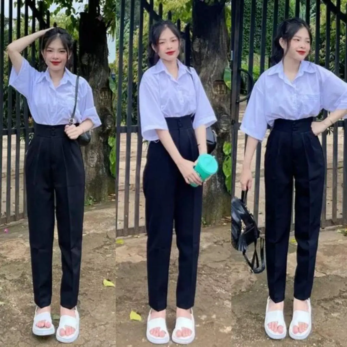 Quần tây nữ đi học lưng cao màu đen phối 2 khuy cài ống đứng dáng dài kiểu Quần vải baggy nữ cạp cao học sinh đi làm công sở vải tuyết mưa mềm Pants Denim Ong Women