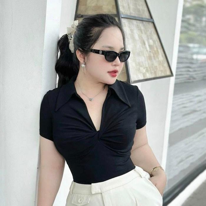 Áo thun xoắn ngực cổ sơ mi A12 nữ bigsize 60-90kg đen đa năng thông thường