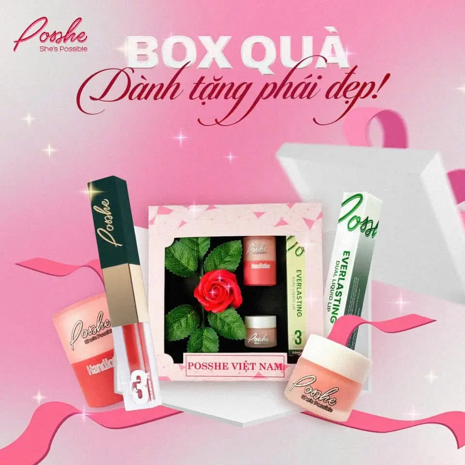 Set Quà Son Kem 2 Đầu Posshe Siêu Lì Kèm Hoa - Tặng Ủ Dưỡng Hồng Môi Posshe Và Kem Dưỡng Tay Posshe