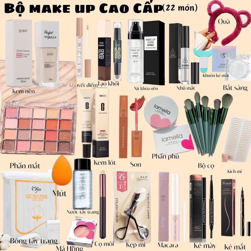 Bộ trang điểm cao cấp 22 sản phẩm Macscara+bảng phấn mắt,phấn phủ bột son môi. Mỹ Phẩm Cosmetic Mascara Son Kem