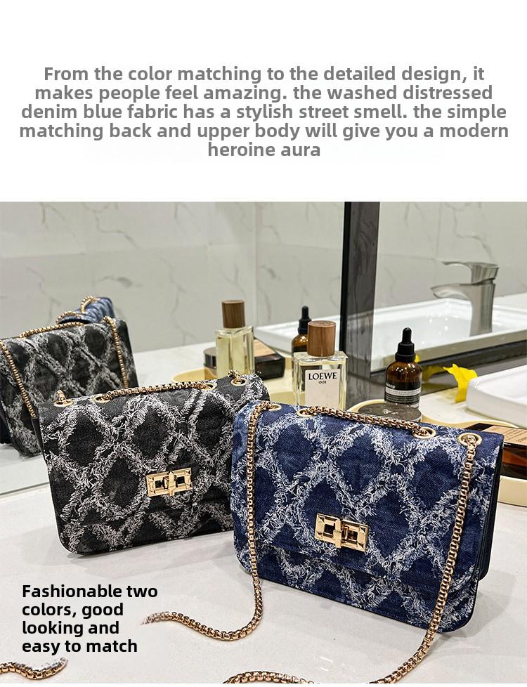 Product Introduction of 2024 New Fashion Women's Bag Trendy Denim Small Square Bag Single Shoulder Crossbody Chain Lock Buckle Ladies Bag 1