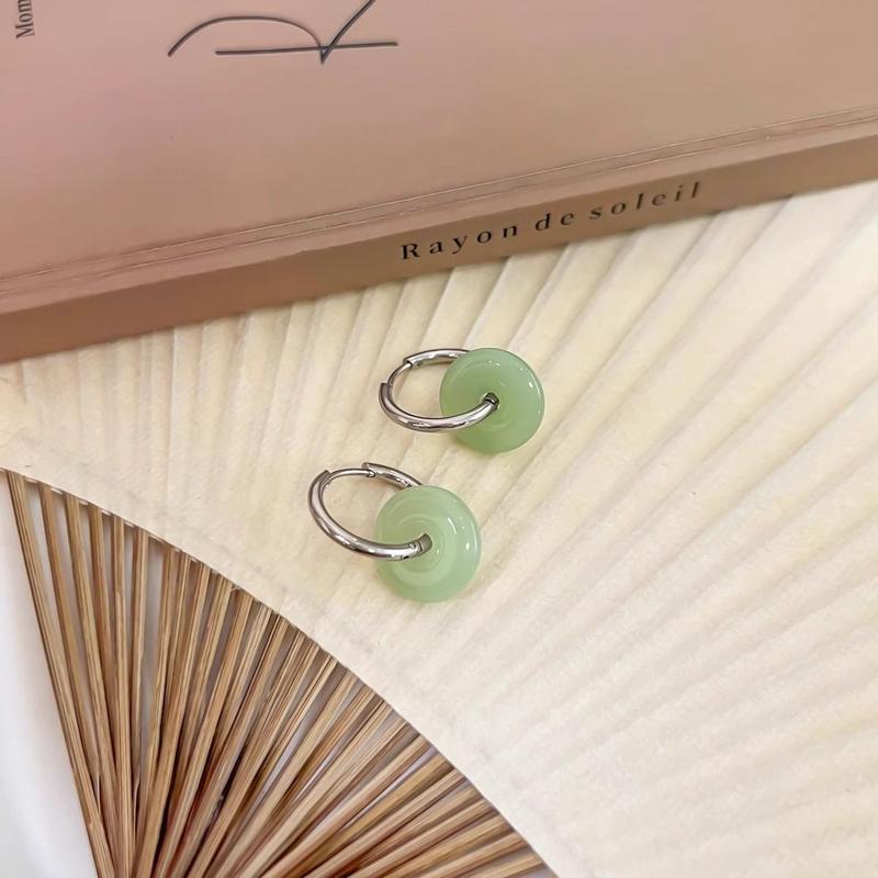 Khuyên Tai Tròn Bằng Thép Không Gỉ, Ngọc Bích Xanh Lá Cây, Dành Cho Phụ Nữ, Phong Cách Cổ Điển Và Thanh Lịch, Khuyên Tai Kẹp Tai, Đồ Trang Sức Bản To 1