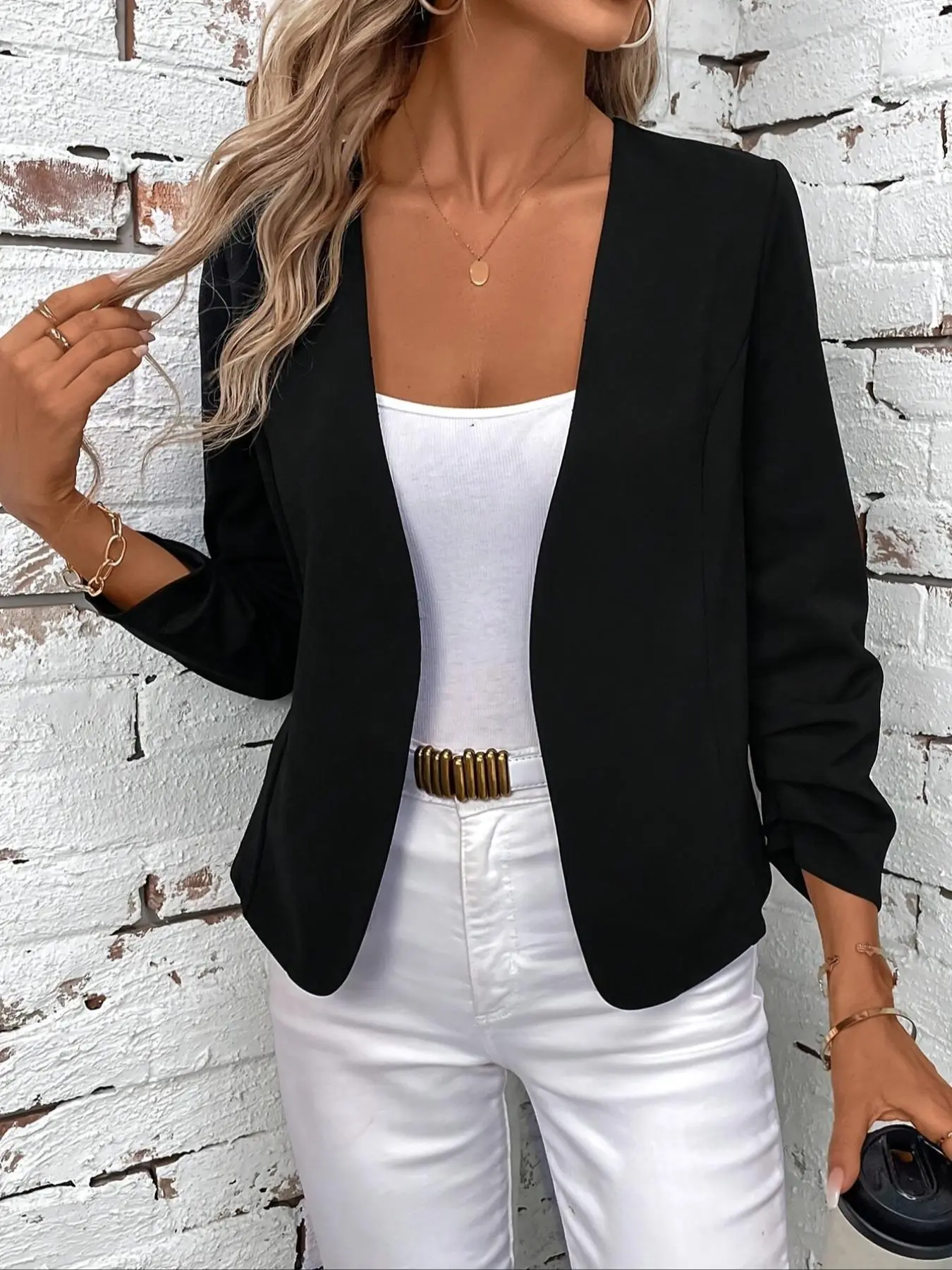 Women's Solid Color Open Front Blazer, Elegant Long Sleeve Outerwear for Work Office Business, Ladies Clothes for All Seasons