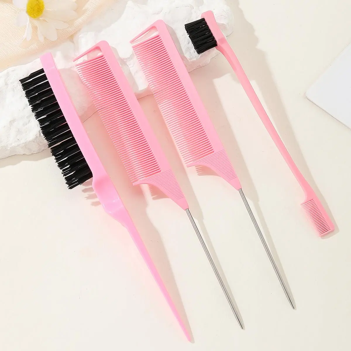 Professional Durable Flexible Hair Comb Set, 4 Counts Rat Tail Combs and Hair Brush, Hair Styling Combs Hair Brushes for Women, Girls, Men, Stylists