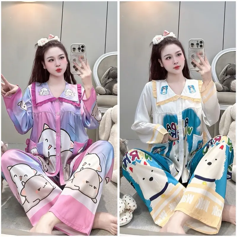 Pijama- Bộ ngủ Lụa Latin cổ sen voan hoạ tiết dễ thương TD(Freesize40-65kg)