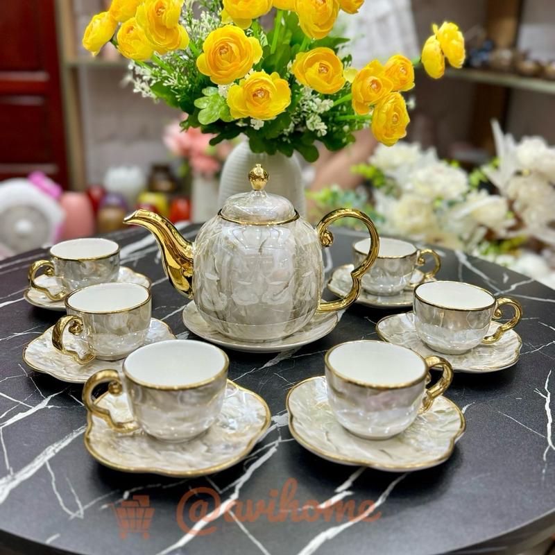 Bộ Ấm Chén Sứ Thưởng Trà Vân Đá Cao Cấp Kèm Đĩa Kê Sang Trọng TS14VĐ