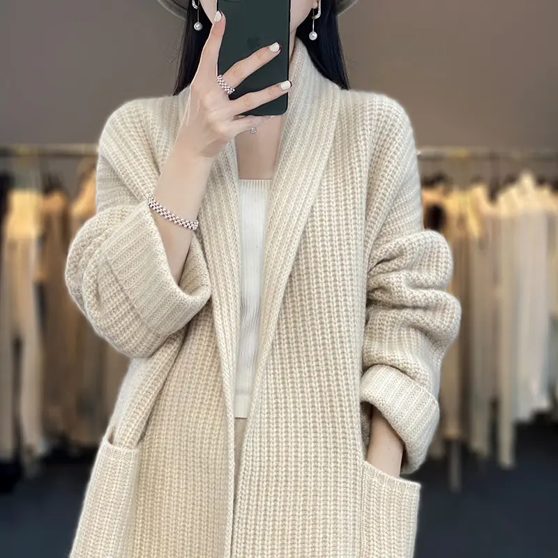 Áo Len Cổ Chữ V Dài Trung Bình Cho Nữ, Áo Cardigan Có Túi, Áo Khoác Dáng Rộng, Áo Len Dệt Kim, Áo Khoác Ngoài, Nặng, Mùa Thu