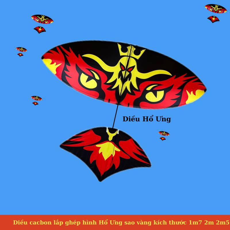 Diều Sáo Hình Hổ Ưng Dũng Mãnh, Diều Cacbon 1m7 -2m- 2m5 dễ lắp ghép, nhẹ bền, áo diều khóa kéo dễ thay thế