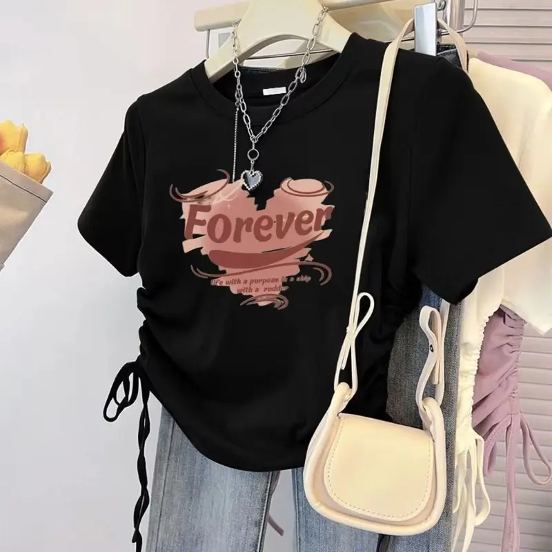 Áo Thun Ngắn Tay Thời Trang, Phong Cách Preppy Dễ Thương Và Gợi Cảm Trung Quốc Mới, Dáng Ôm, Áo Dây Rút Nữ, Dễ Phối Đồ, Phong Cách Ins, Thời Trang 8