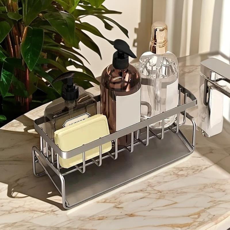 Kitchen Sink Drain Rack, 1 Count Kitchen Sink Storage Rack with Dishcloth Holder, Kitchen Sink Organizer, Kitchen Accessories, Home Organizer 4