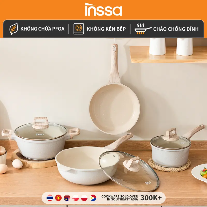 InssaVN Bộ nồi chảo 4 món chống dính 18cm/24cm/24cm/28cm GUOJ030, chiên xào nấu tiện lợi phù hợp mọi loại bếp 0