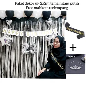 PAKET DEKORASI ULANG TAHUN TEMA HITAM PUTIH UK 2X2m PLUS SELEMPANG DAN MAHKOTA
