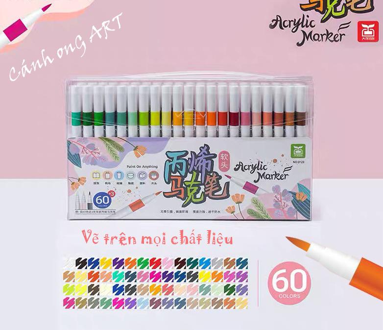 [CHÍNH HÃNG-60 màu đầu nhọn, bút bản thường]Bộ bút Acrylic marker đầu mềm tô vẽ trên mọi vật liệu, chồng màu hiệu quả đầu mềm 60 bút màu  bộ  12 bomau brush