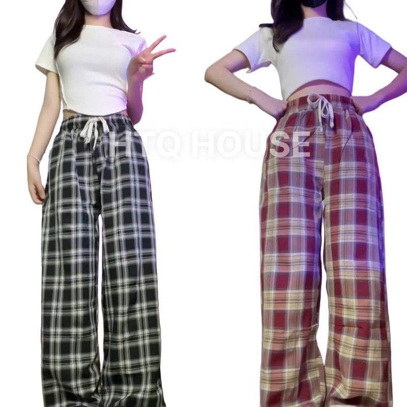 Quần kẻ caro HTQ HOUSE dáng suông ống rộng chất thô mềm có đủ size