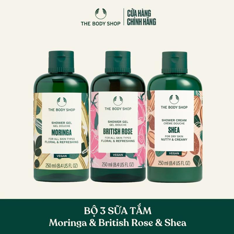Bộ 3 sữa tắm thơm ngát The Body Shop: Sữa Tắm British Rose Shower Gel 250ML & Sữa Tắm Moringa Shower Gel 250ML & Kem Tắm Shea Shower Cream 250ML - Dưỡng Body Dưỡng Da Body
