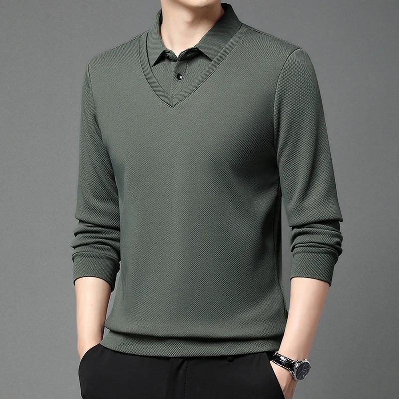 Men'S Long Arm Polo Shirt Korean-Style Fake Two-Piece Business Men'S Casual Fashion Long-Sleeved Solid Color Lapel Shirts Comfortable All-Match Top For All Seasons Menswear Lingerie 6