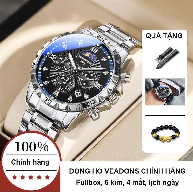 VEADONS Đồng hồ nam chính hãng dây thép không gỉ - Đồng hồ Veadons fullbox với chức năng lịch dạ quang chống nước mới nhất thời trang