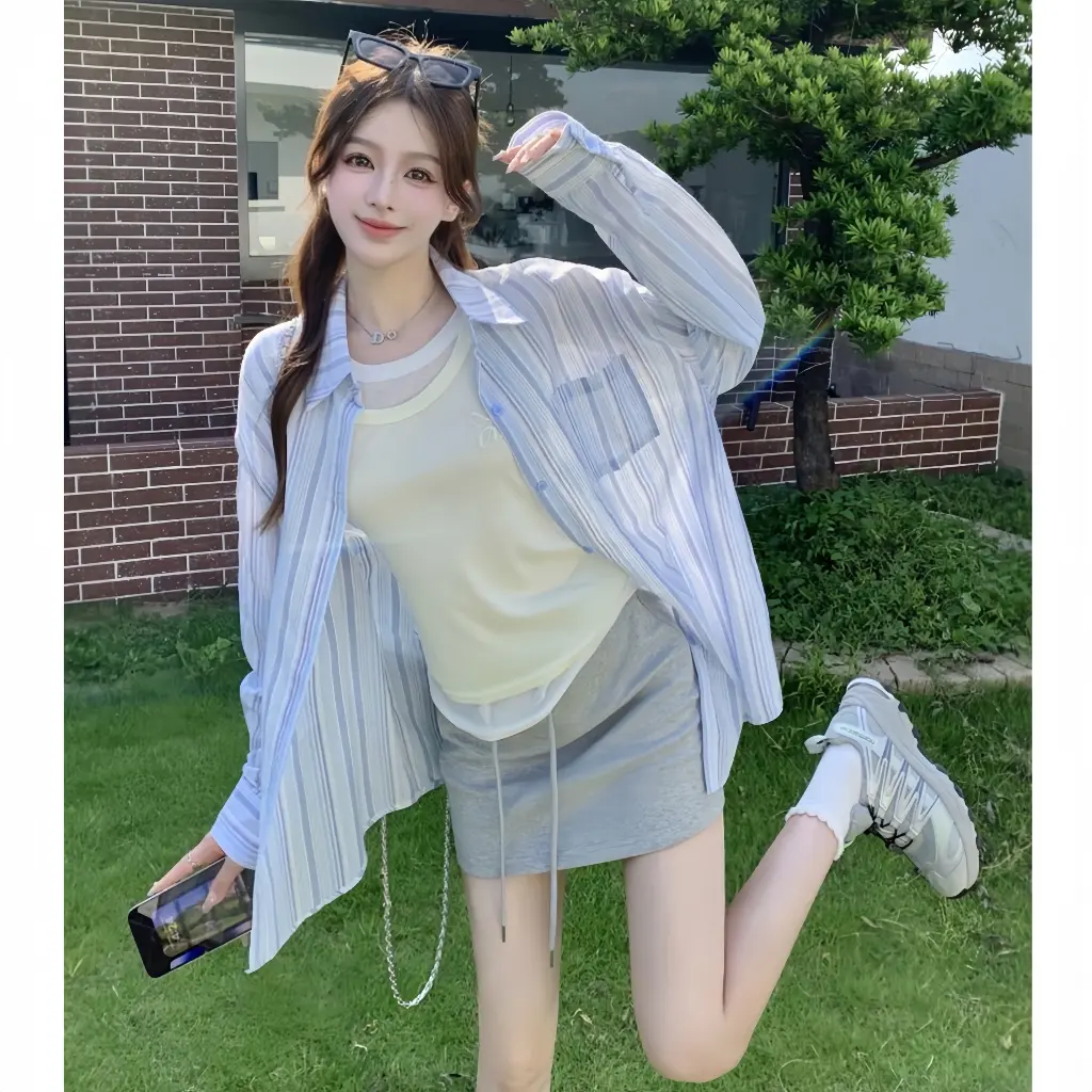[  QIHO ] Áo kiểu nữ sơ mi dài tay kẻ sọc chất đũi 2 màu xinh pastel Qiho Women Shirt Top Kem | BigBuy360 - bigbuy360.vn