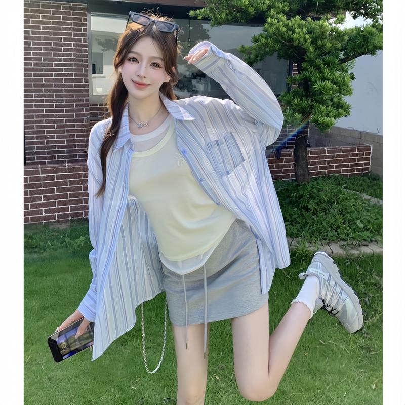 A01 Áo kiểu nữ sơ mi dài tay kẻ sọc chất đũi 2 màu xinh pastel Qiho Women Shirt Top Kem