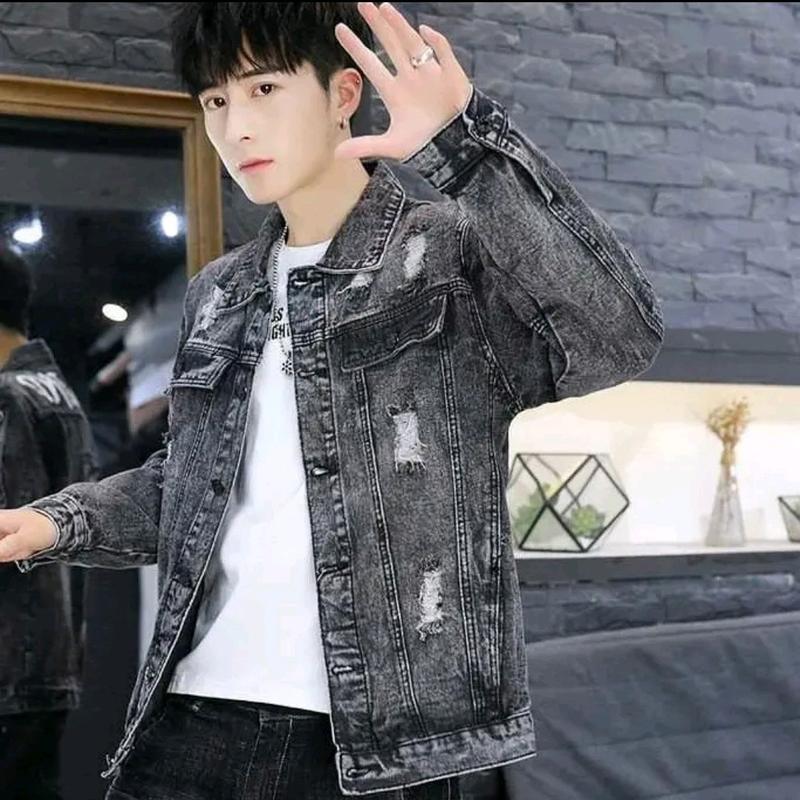 Áo khoác jean nam kiểu rách sau áo, Áo khoác nam chất denim, thời trang xu hướng 37 Menswear Có Cổ