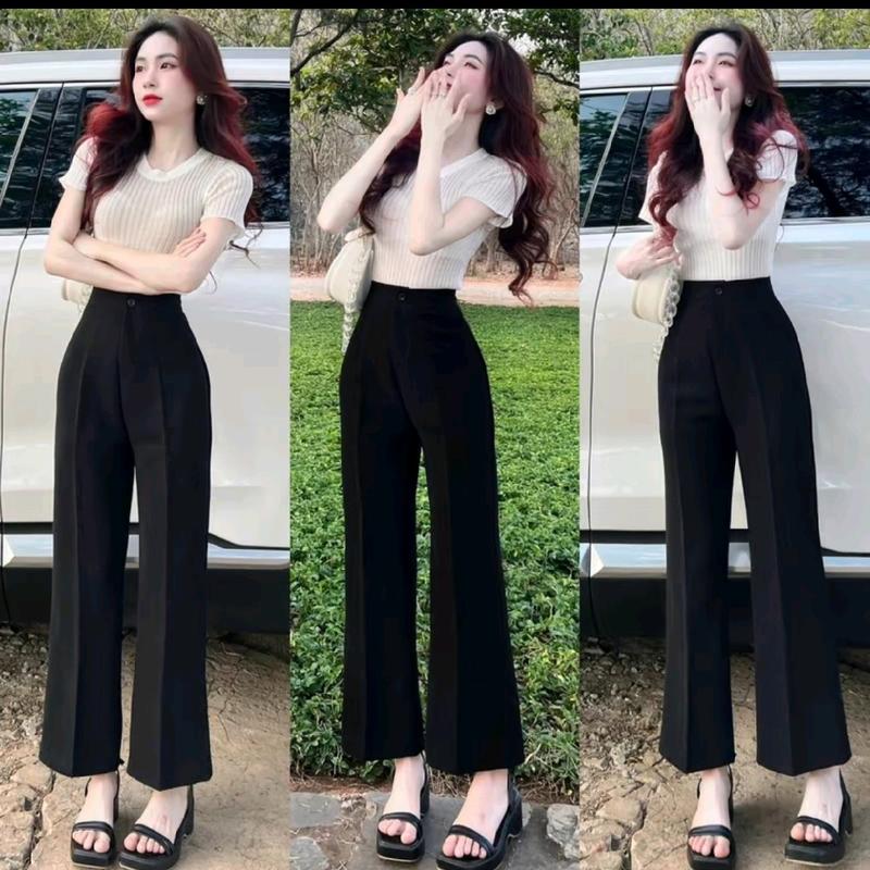 Quần tây nữ ống suông phối 1 cúc 2 cúc khoá trước quần ống rộng cạp cao đi làm đi học vải tuyết mưa mềm mịn