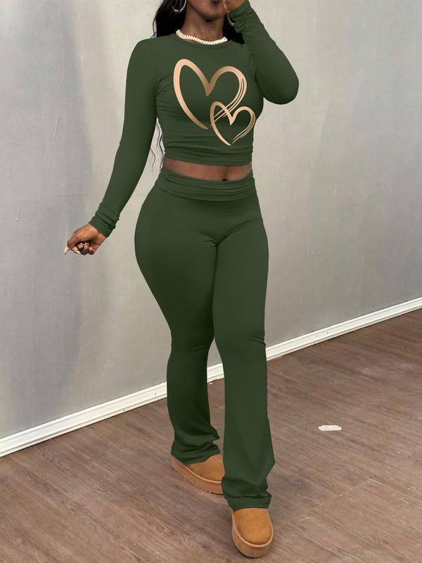 Women's Heart Print Long Sleeve Crop Tee & Flare Leg Pants Two-piece Set, Casual Fashion Round Neck Top & Bell Bottom Trousers for Daily Outdoor Wear, Women's Clothing for Fall & Winter 2