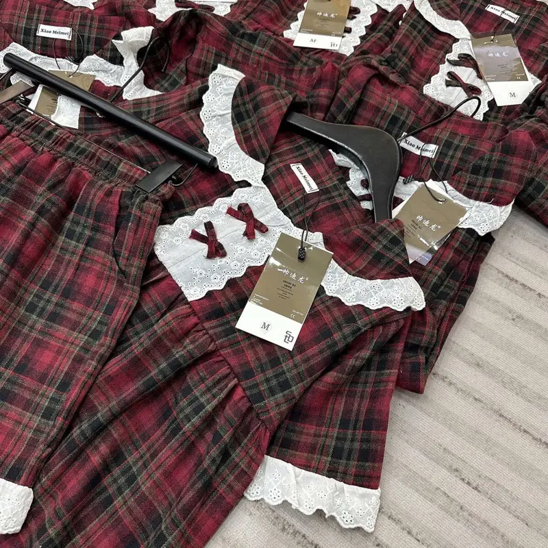 Bộ Đùi Phối Ren Kẻ Dáng Babydoll Quần Đùi Áo Cộc Tay Xinh Sét Pizama Ngủ Cổ Bèo 5