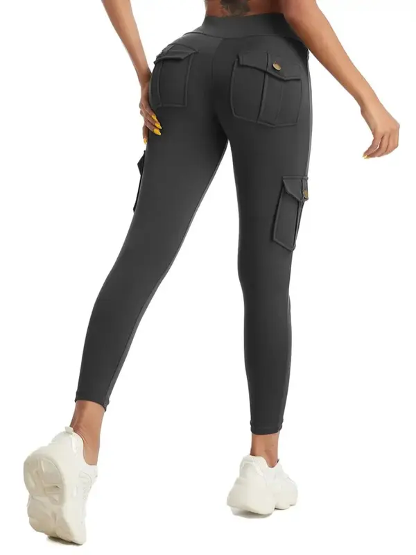 Women's Solid High Waist Pocket Sports Leggings, Sporty Casual Comfy Breathable Skinny Tummy Control Pants for Yoga Gym Workout Running, Ladies Sportswear for All Seasons, Workout Clothes, Activewear, Tight Leggings 5