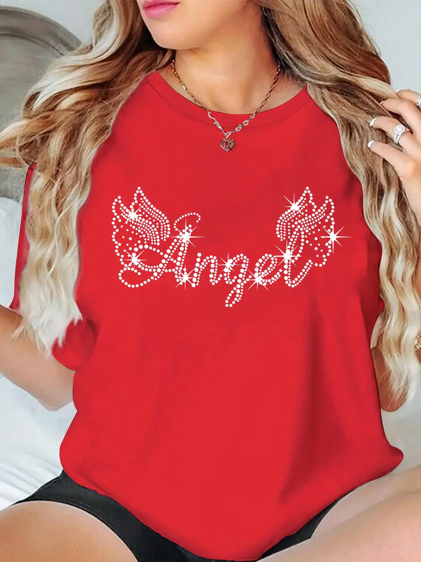 Women's Letter & Wing Print Round Neck Tee, Casual Crew Neck T-shirt for Summer, Fashion Women's Top for Daily Wear