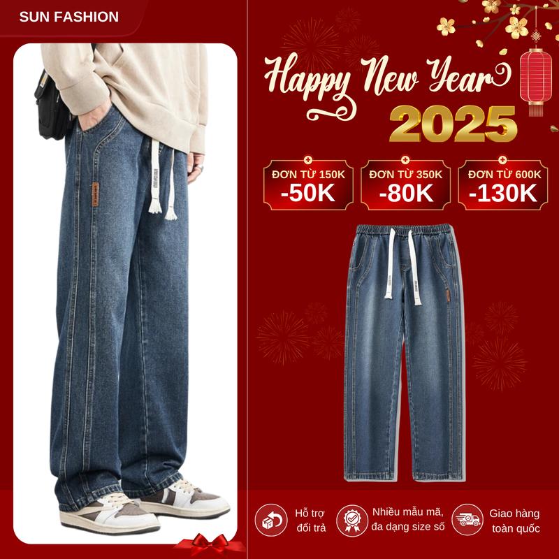 Quần jean nam nữ ống rộng bigsize SUN N9 XANH THẪM retro thiết kế cạp chun thoải mái vận động Menswear Pants quan jean