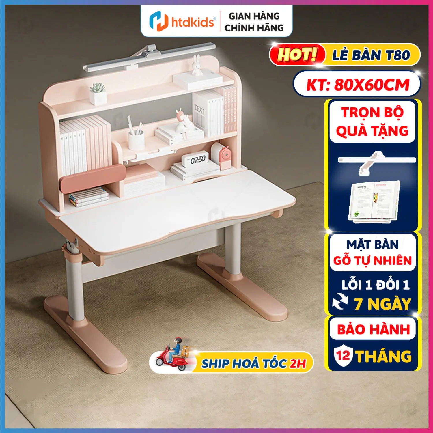 [HTDkids T80] Lẻ bàn học 80CM cho bé  chống gù chuẩn tư thế khoa học, tăng giảm chiều cao linh hoạt, điều chỉnh góc nghiêng mặt bàn, tặng kèm đèn học và giá sách