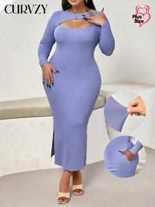 CURVZY Plus Size Plain Cut Out Split Hem Bodycon Dress, Elegant Long Sleeve Round Neck Dress for Party Dating Wear, Women's Clothing for All Seasons