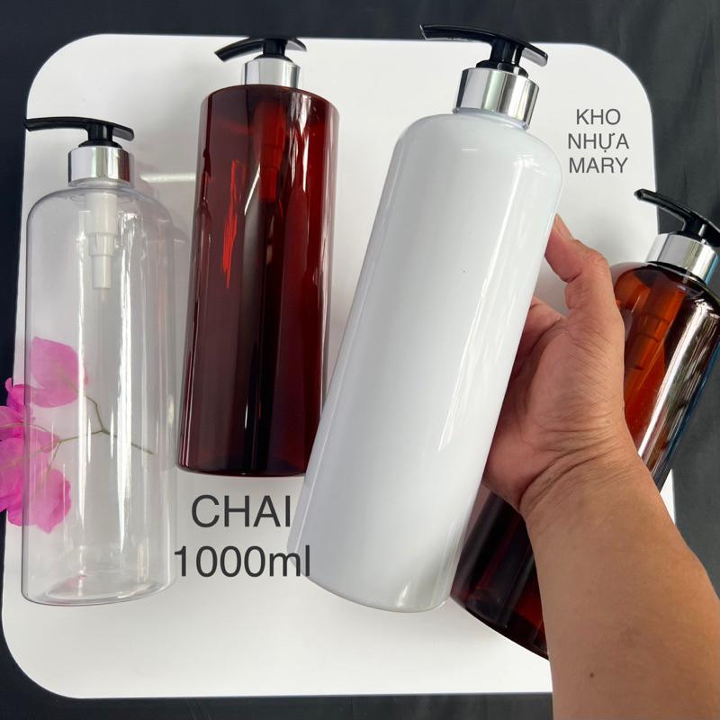 CHAI NHỰA VÒI NHẤN 1000ml đựng dầu gội - Chai pet 1 LÍT NÂU / TRONG SUỐT / TRẮNG VÒI PUMP