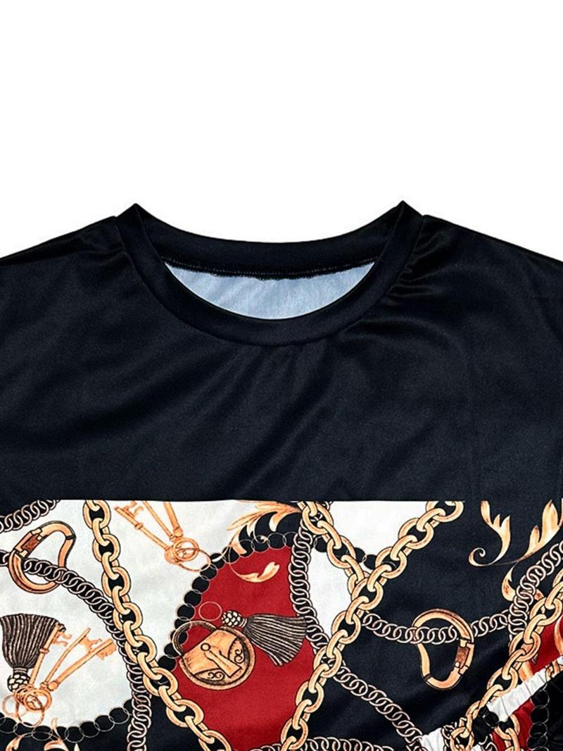 Product Introduction of Women's Patchwork Chain Print Two-Piece Set, Fashion Short Sleeve T-Shirt & Pocket Shorts, Ladies Outfits for All Seasons, Womenswear, Shortsleeve 9