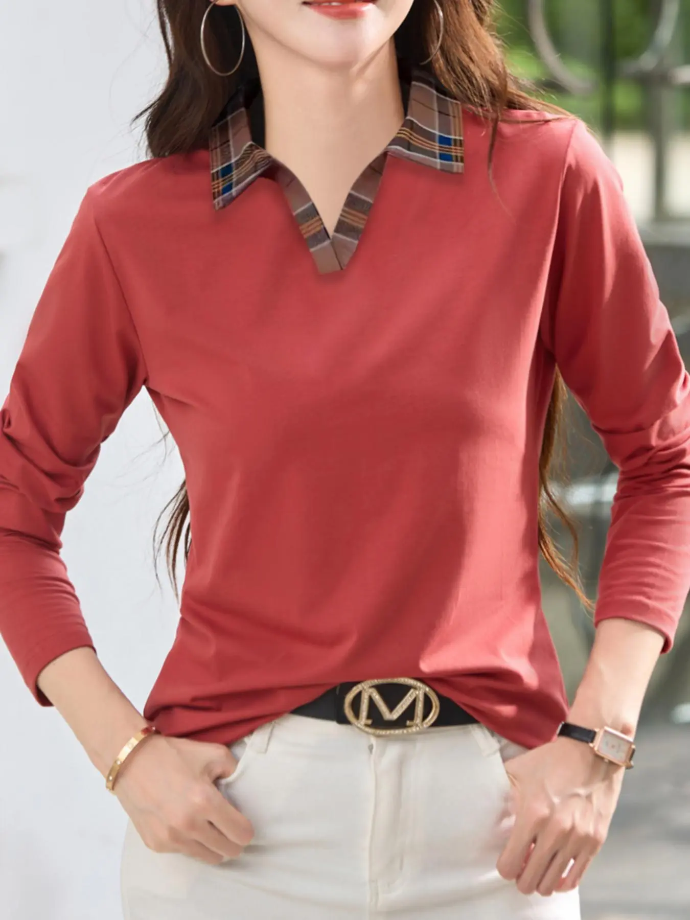 Women's Colorblock Print Collared Polo Shirt, Casual Long Sleeve Collared Top for Spring & Fall, Ladies Clothes for Daily Wear