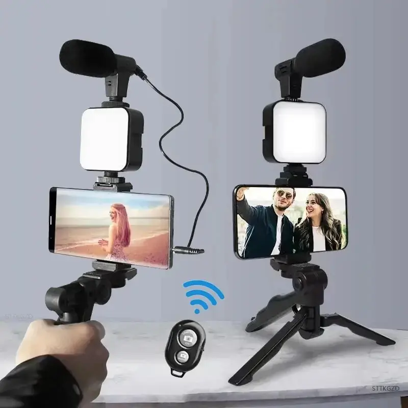 Kit Vlogging Telefon Pintar dengan Tripod Pemegang Telefon Bimbit Mikrofon Mini Lampu Pengisian Led Mulakan Video Langsung