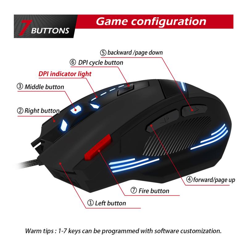 Zelotes T60 Macro Wired Gaming Mouse 7200 DPI Wired USB 7 Buttons Multi-Modes LED Lights Programmable 3