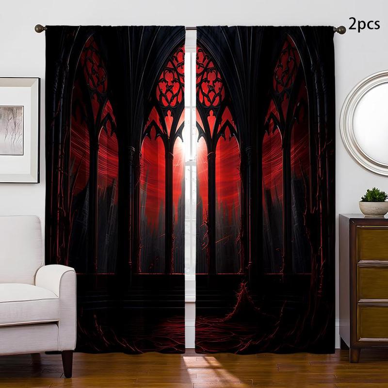 Product Introduction of Gothic Castle Print Black Out Curtain, 2 Counts Creative Decorative Curtain for Bedroom Living Room 11