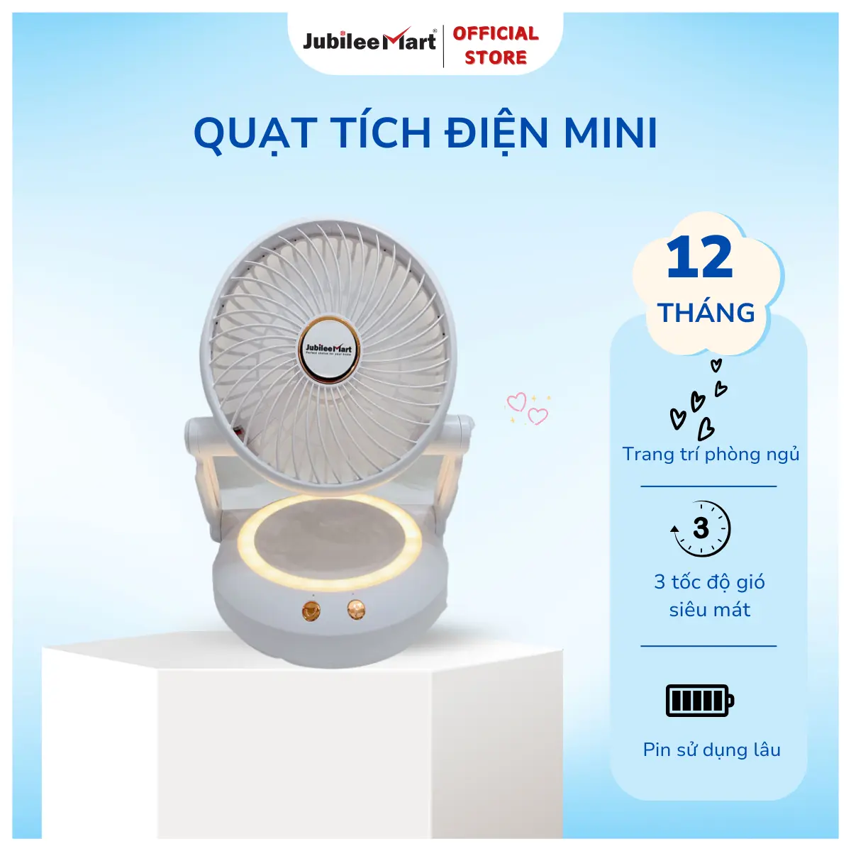 Quạt tích điện để bàn mini Jubilee Mart gấp gọn 3 tốc độ gió xoay 90 độ có đèn led sử dụng lên đến 8 giờ Cổng sạc Type C Usb Phụ Kiện