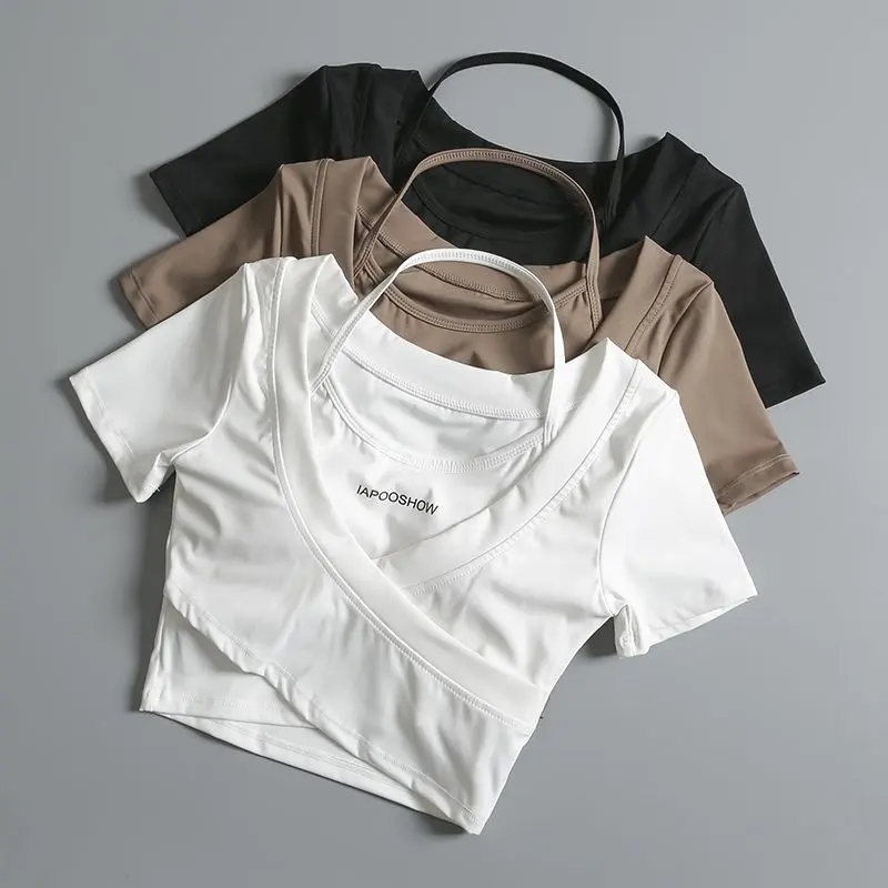 Women's Short-Sleeved Sports T-shirt with Chest Pad Sexy Crop-Top Tight-Fitting Fake Two Pieces Workout Top Running Training Yoga Clothes T-shirt Clothing Women's Padded T-shirt