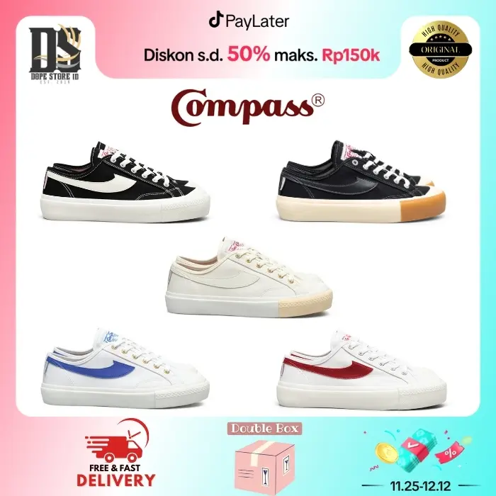 [ORIGINAL] Compass Gazelle Low Black White / Cream / White Blue / White red / Cappucino / BlackGum Tanpa Hak Casual Karet Shoes Pria