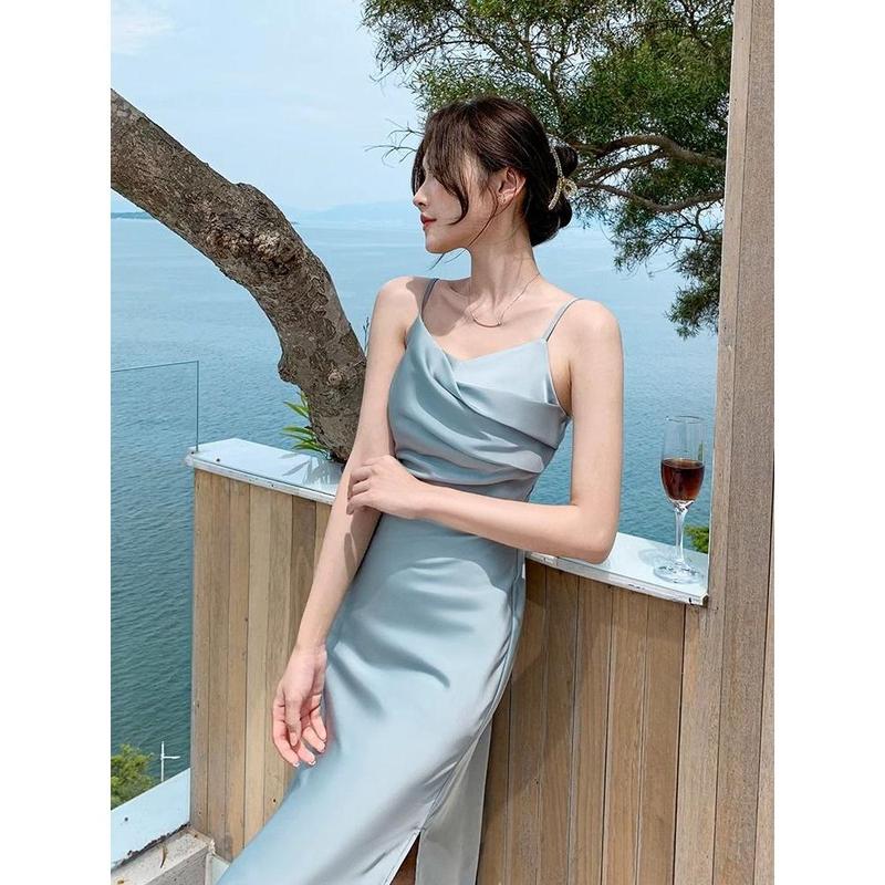 D2829-French blue suspender dress, women's summer satin texture, high-end feeling, slim fit temperament, design sense, unique dress 5