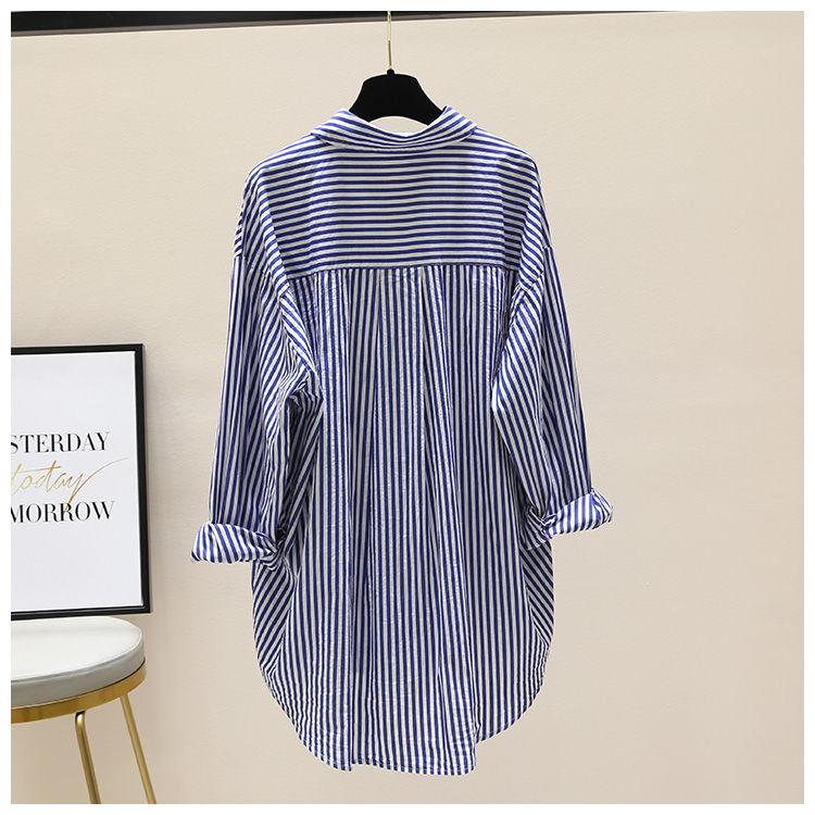 Product Introduction of [Frsud] pure cotton striped printed shirt, women's loose, long sleeve, simple casual style, half-length cardigan shirt, suitable for women, new in 2024 XL [211rx royal blue] blouse & shirt 12